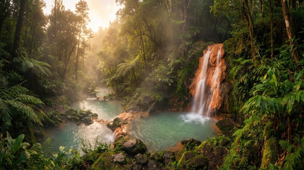 Caldeira Velha hot springs waterfall and thermal pools in São Miguel Azores surrounded by rainforest