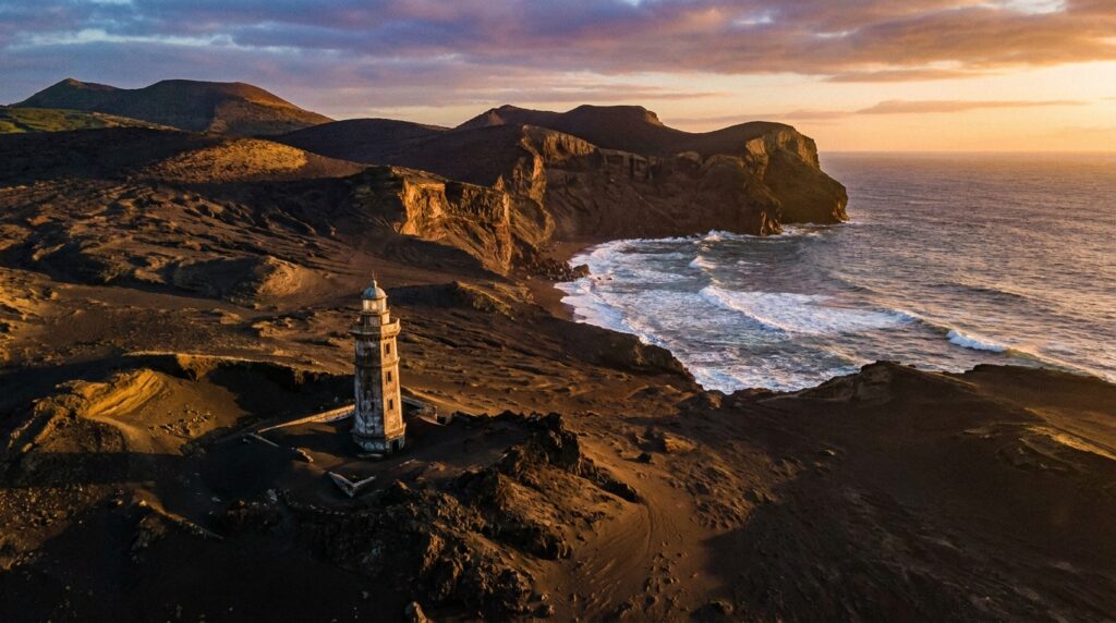 Capelinhos Volcano black ash landscape with buried lighthouse on Faial Island Azores