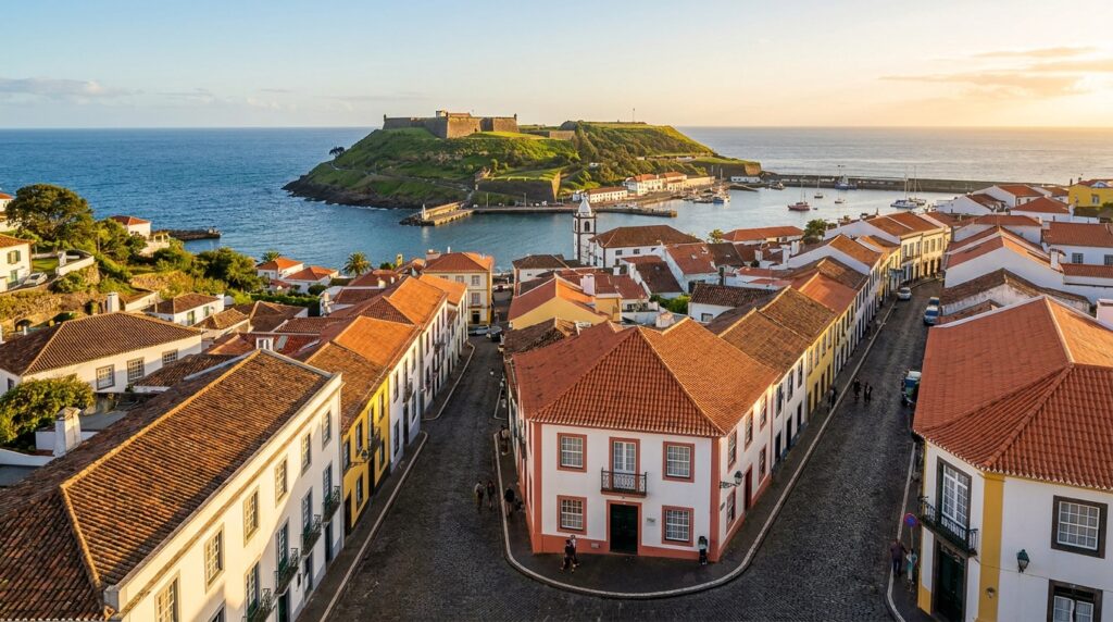 Colorful historic buildings and fortress overlooking Angra do Heroísmo bay in Terceira, Azores
