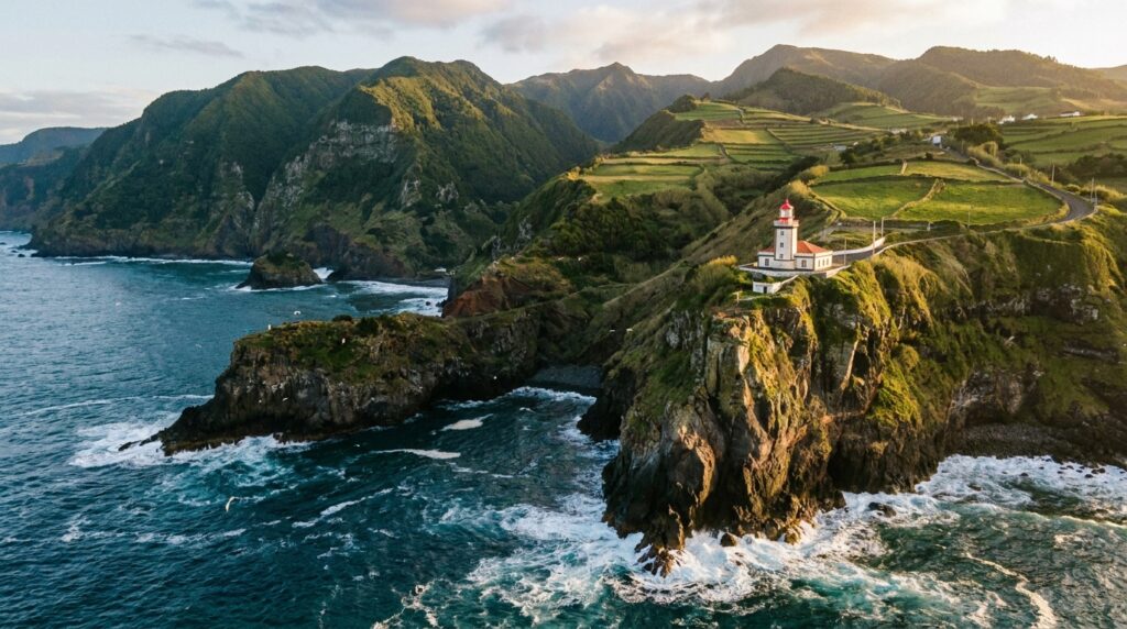 Dramatic coastal cliffs and lighthouse in Nordeste, Azores at golden hour