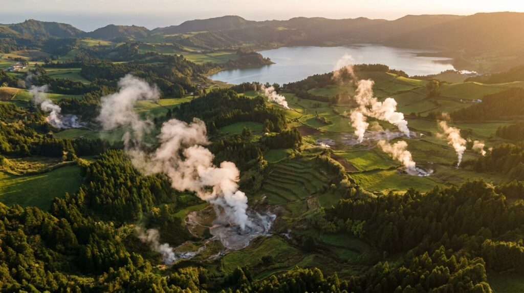 Furnas valley with geothermal steam rising from caldeiras in São Miguel, Azores