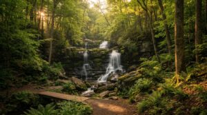 Ganoga Falls waterfall surrounded by forest at Ricketts Glen State Park Pennsylvania