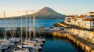 Horta marina harbor with Mount Pico volcano in background, Faial Island, Azores