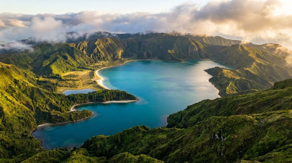 Lagoa do Fogo crater lake with blue water and green volcanic slopes in São Miguel, Azores