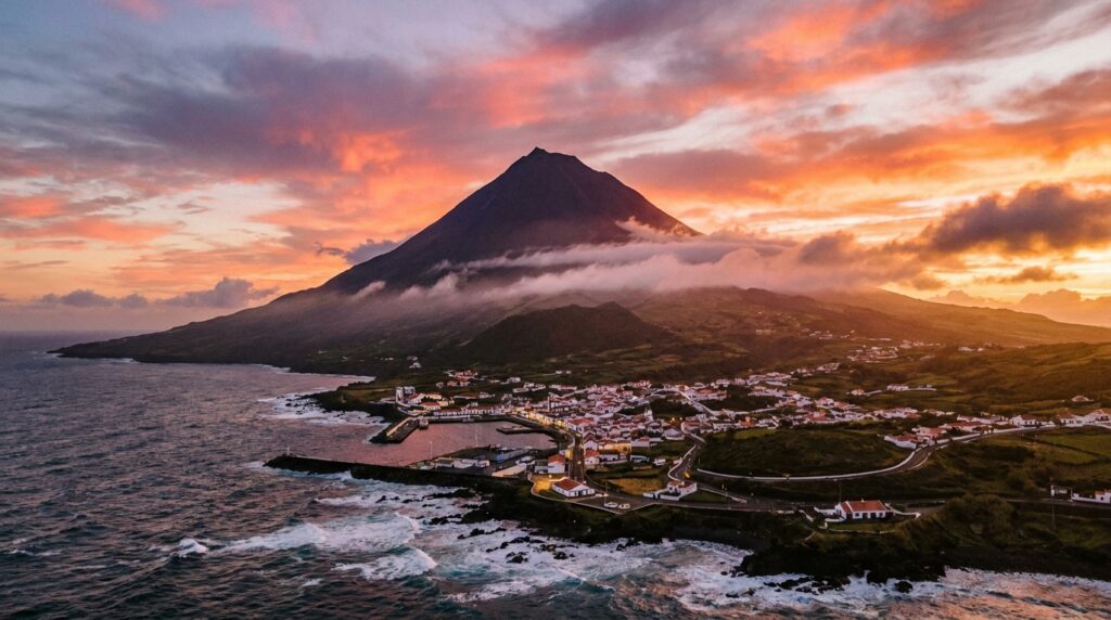 Mount Pico volcano rising above the Atlantic Ocean in the Azores at sunset