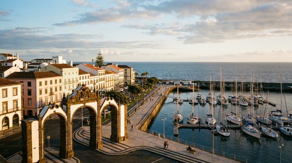 Ponta Delgada waterfront with historic gates and colorful buildings at sunset in the Azores