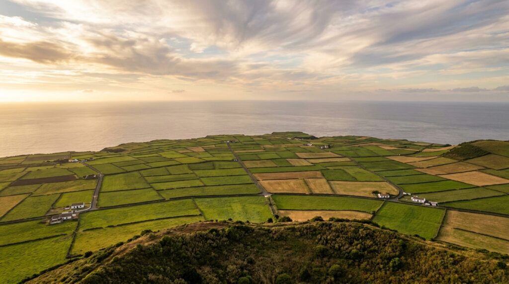 Serra do Cume viewpoint overlooking patchwork fields on Terceira Island, Azores