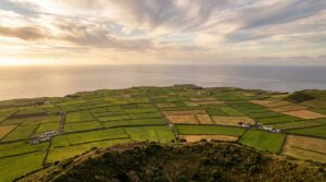 Serra do Cume viewpoint overlooking patchwork fields on Terceira Island, Azores