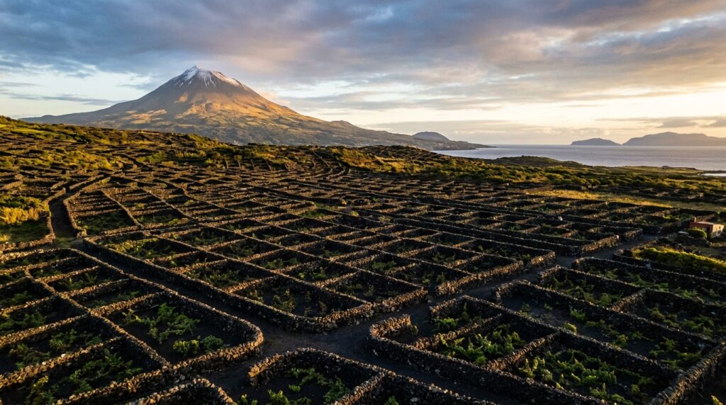 UNESCO-listed Pico Island vineyards with volcanic stone walls and Mount Pico in background