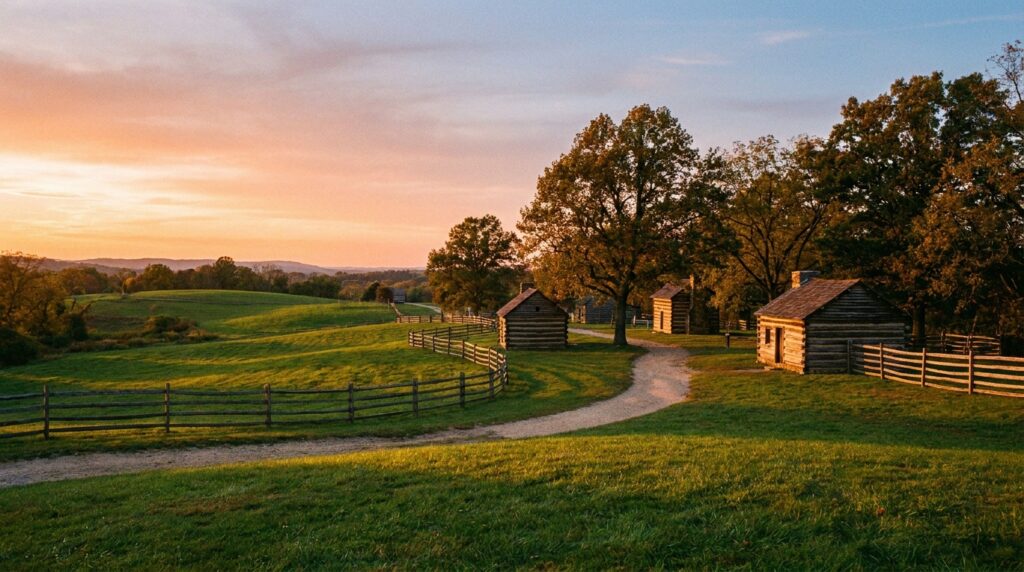 Valley Forge National Historical Park log cabins and rolling Pennsylvania hills at sunset