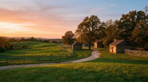 Valley Forge National Historical Park log cabins and rolling Pennsylvania hills at sunset