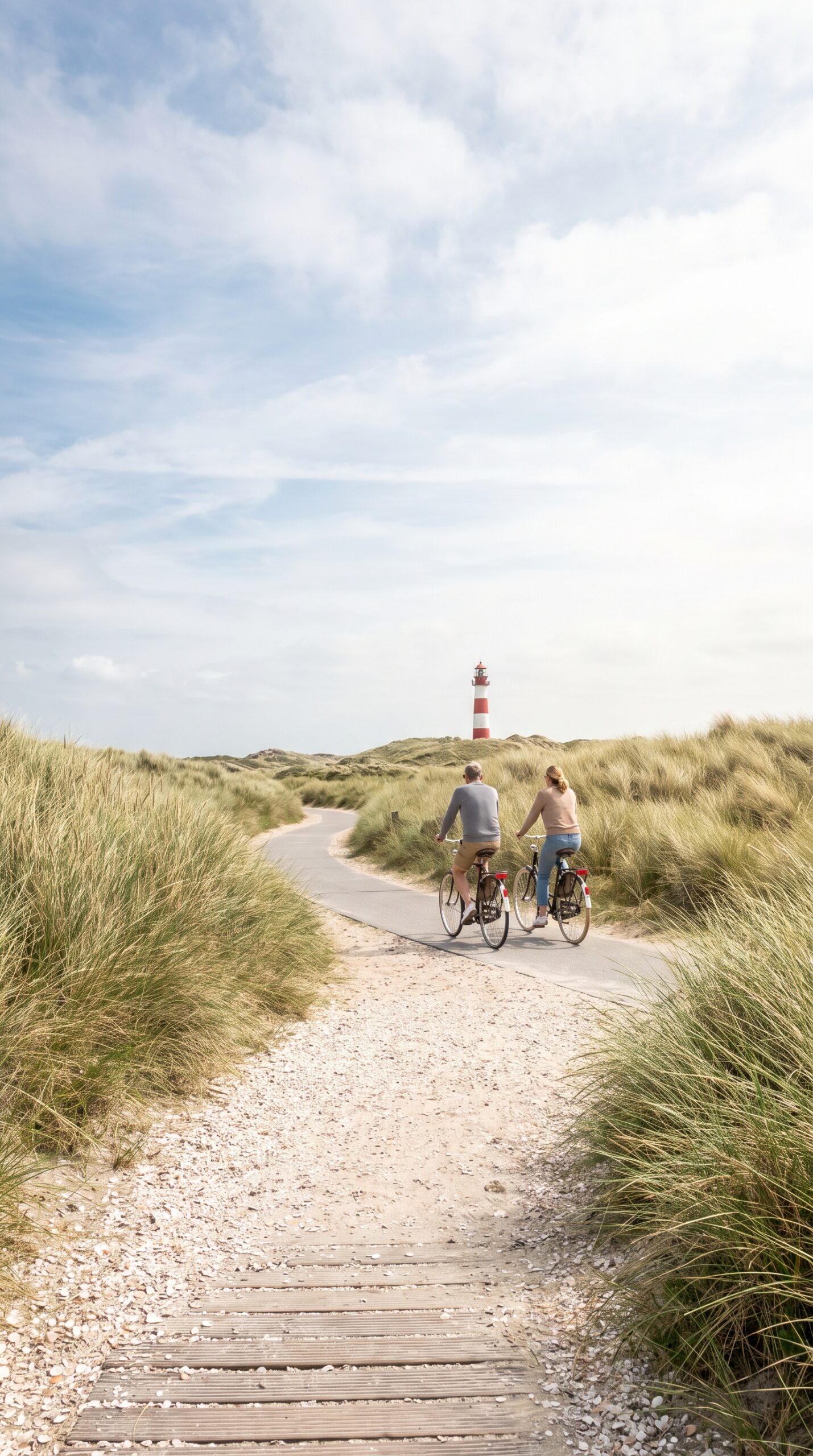 Cyclists on a dune path toward a red-and-white lighthouse on a Dutch Wadden island