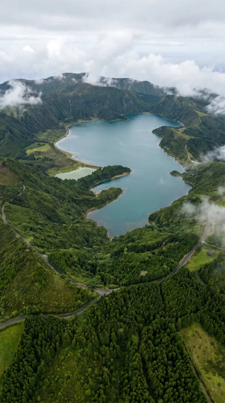Aerial view of Sete Cidades twin blue and green crater lakes, São Miguel Island, Azores