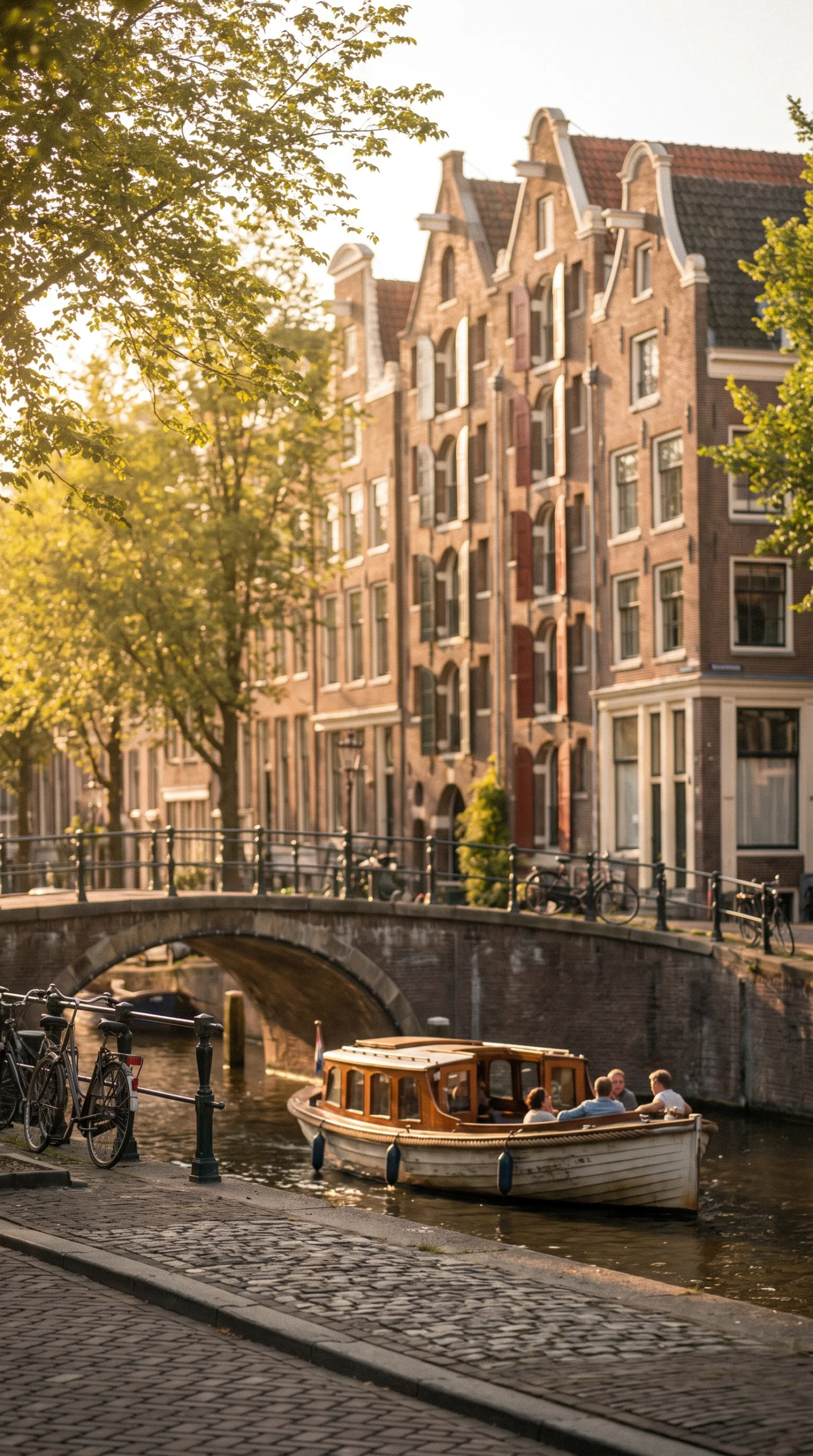 Amsterdam canal with narrow houses and a bridge on a day trip from Flevoland