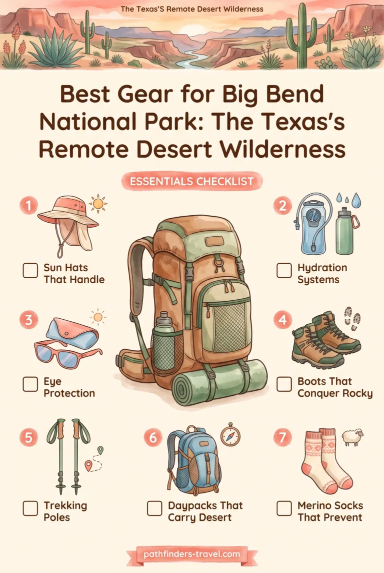 Big Bend National Park: The Texas'S Remote Desert Wilderness packing checklist infographic: Sun Hats That Handle, Hydration Systems, Eye Protection