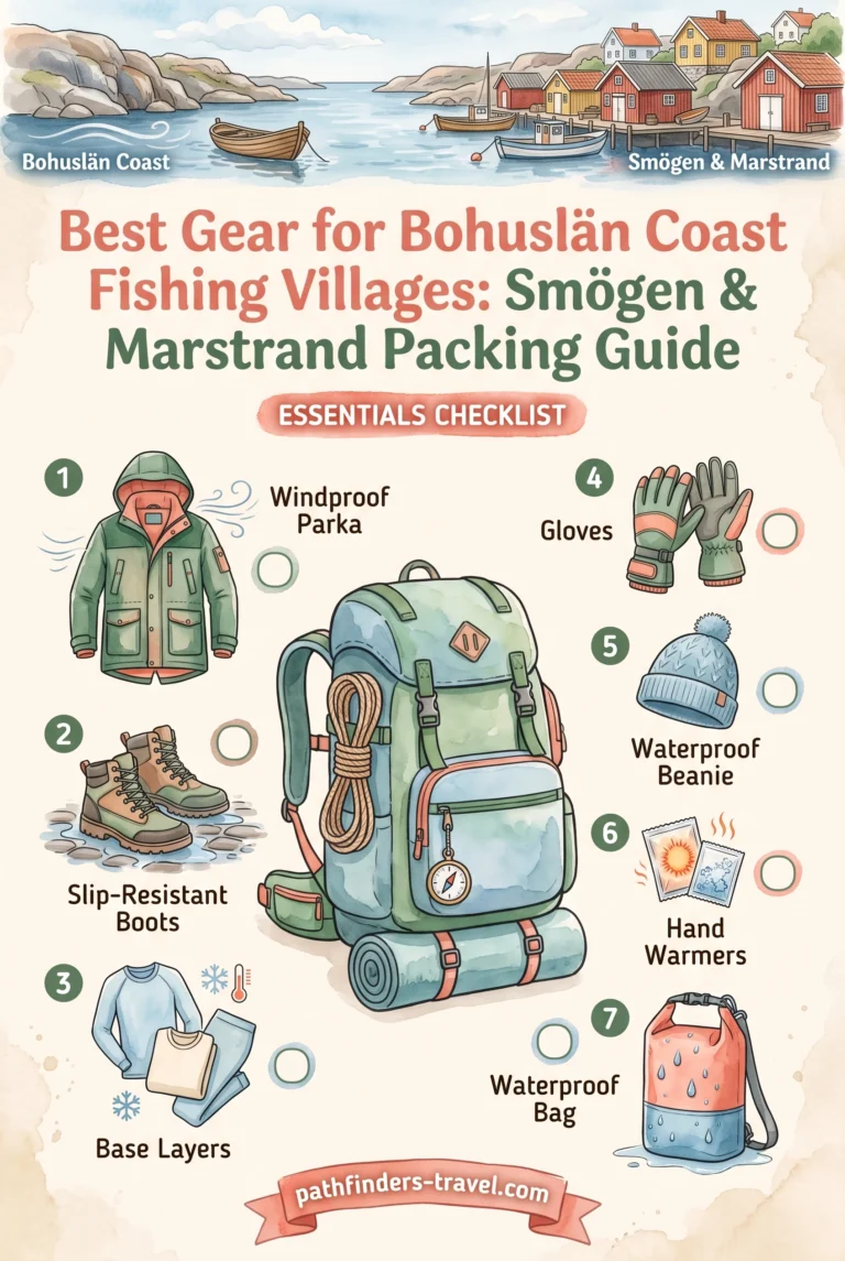Smögen & Marstrand packing checklist infographic: Windproof Parka, Slip-Resistant Boots, Base Layers