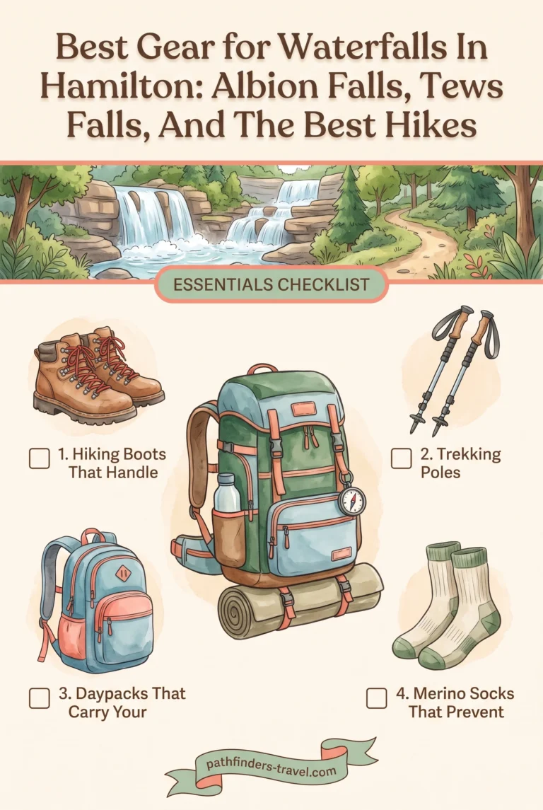 Waterfalls In Hamilton: Albion Falls, Tews Falls, And The Best Hikes packing checklist infographic: Hiking Boots That Handle, Trekking Poles, Daypacks That Carry Your