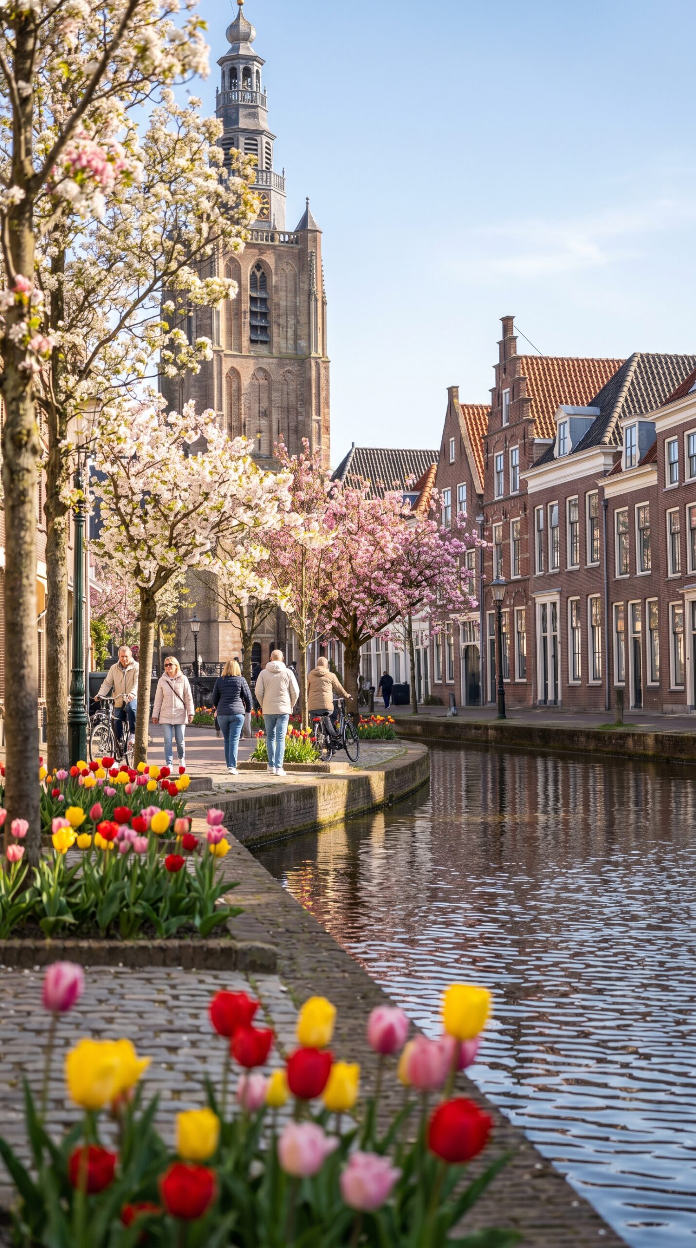 Leiden canal in spring with tulips, blossom and people walking