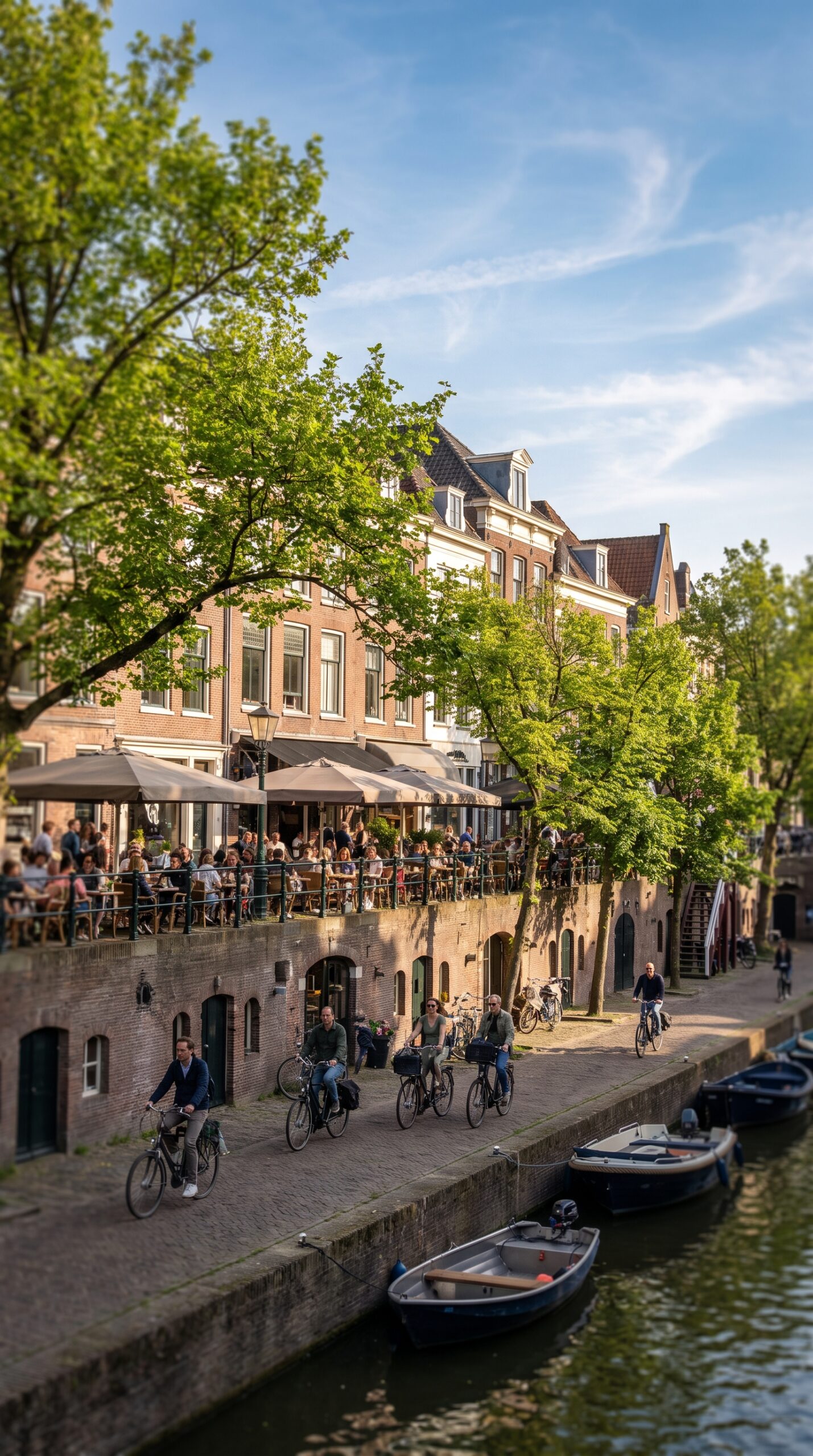 Utrecht canal in spring with cafe terraces, Netherlands