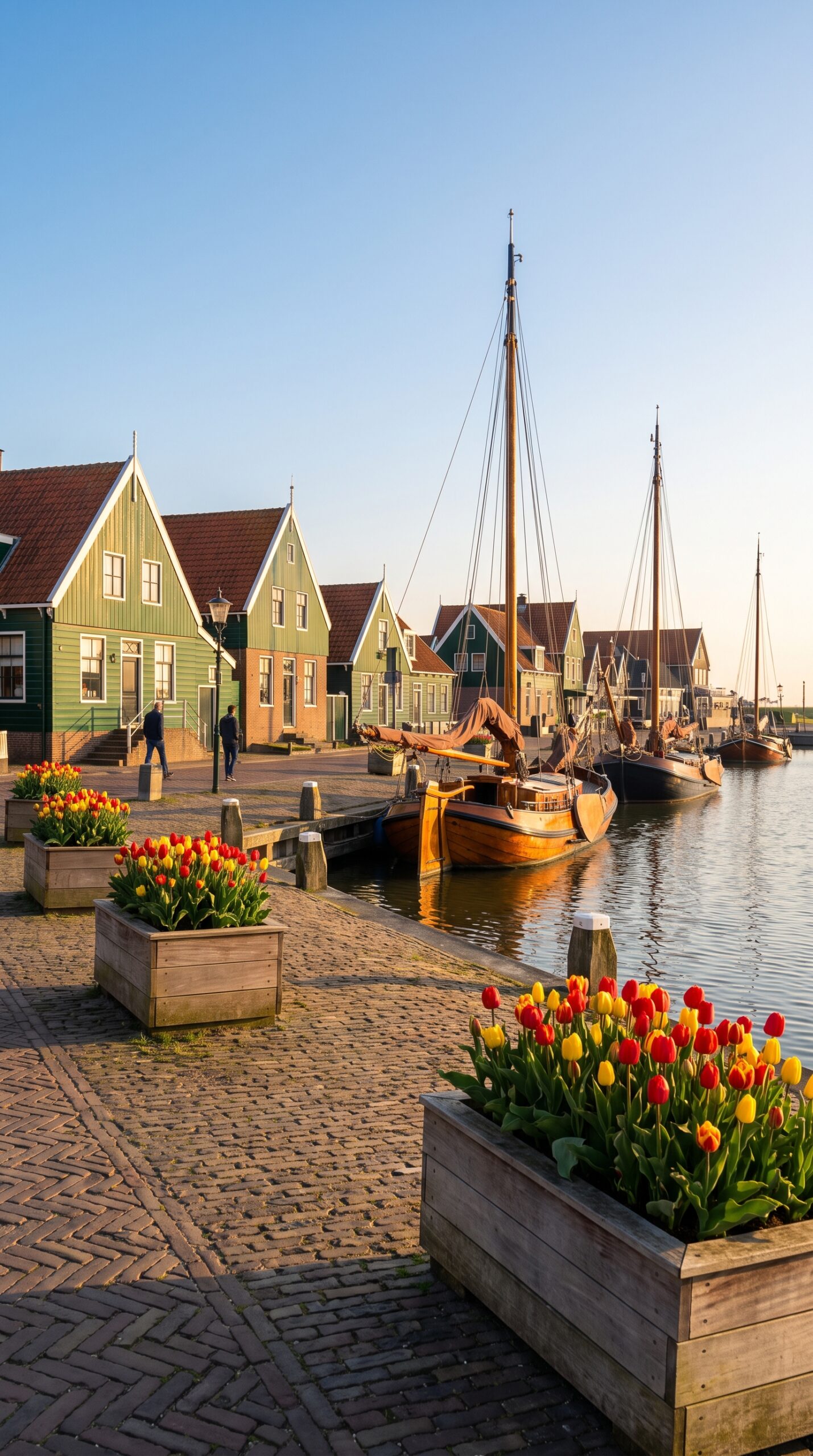 Quiet Volendam harbor promenade on a bright spring morning, Netherlands