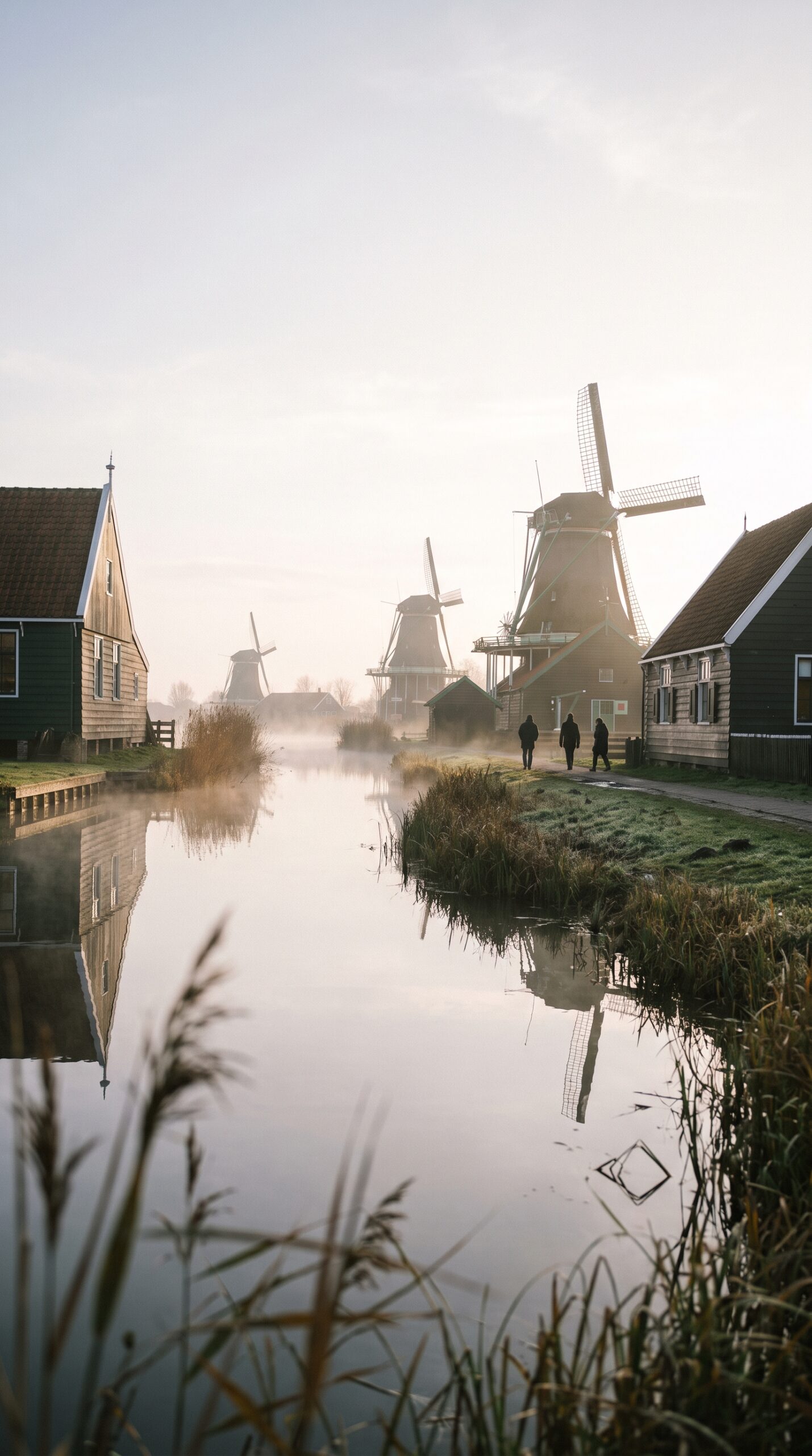 Quiet early morning at Zaanse Schans with windmills reflected in the calm river