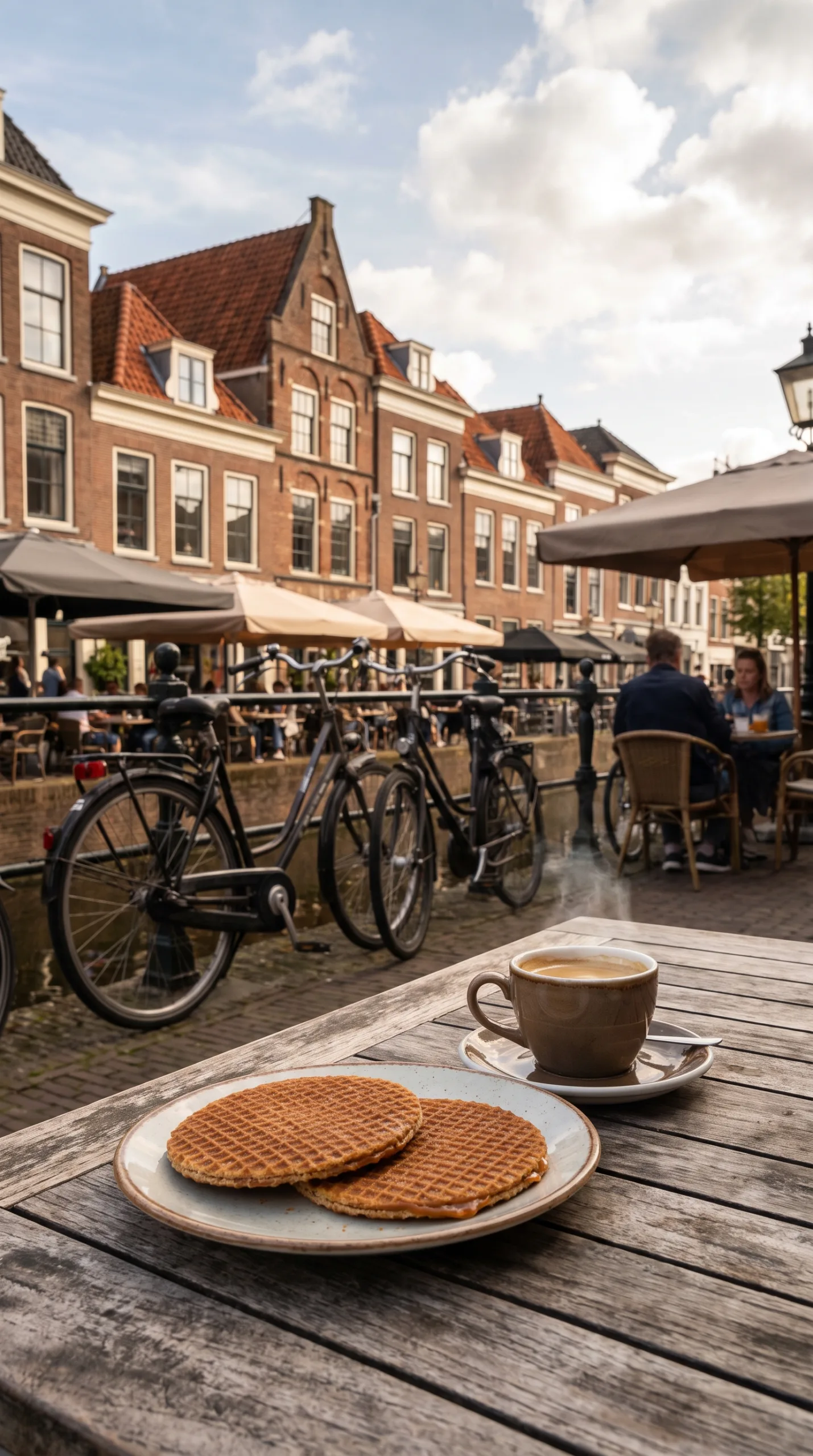 Canal-side cafe terrace in Delft Netherlands with stroopwafels and coffee
