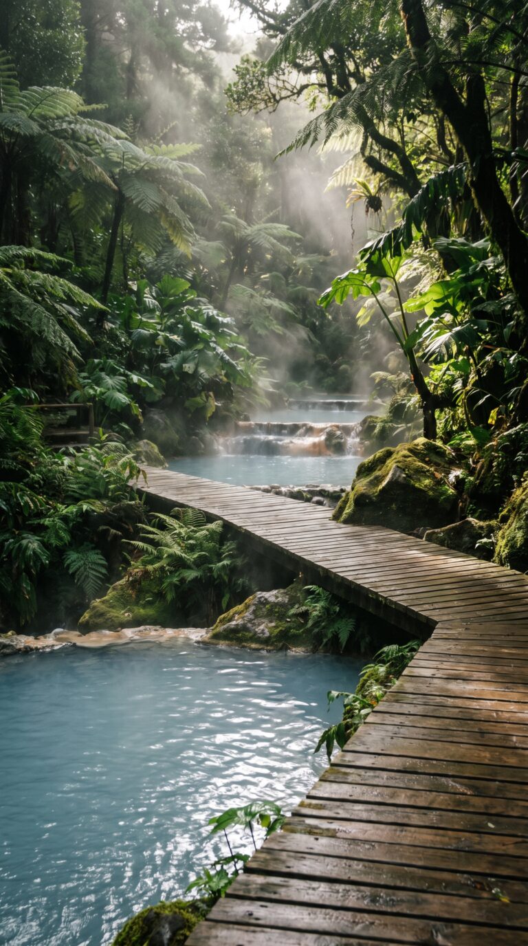 Caldeira Velha thermal hot springs with natural pools and tropical vegetation near Lagoa do Fogo