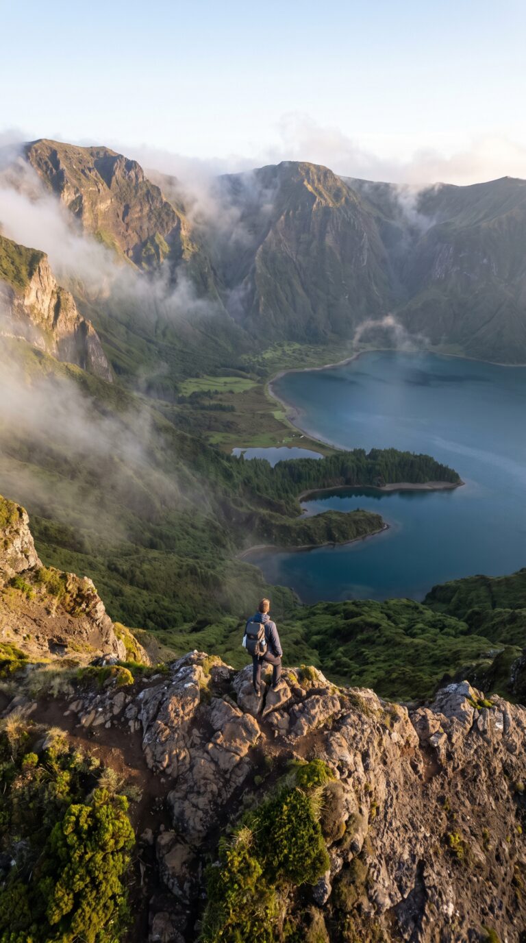 Caldeirão do Corvo volcanic crater with twin lakes, main attraction on Corvo Island Azores