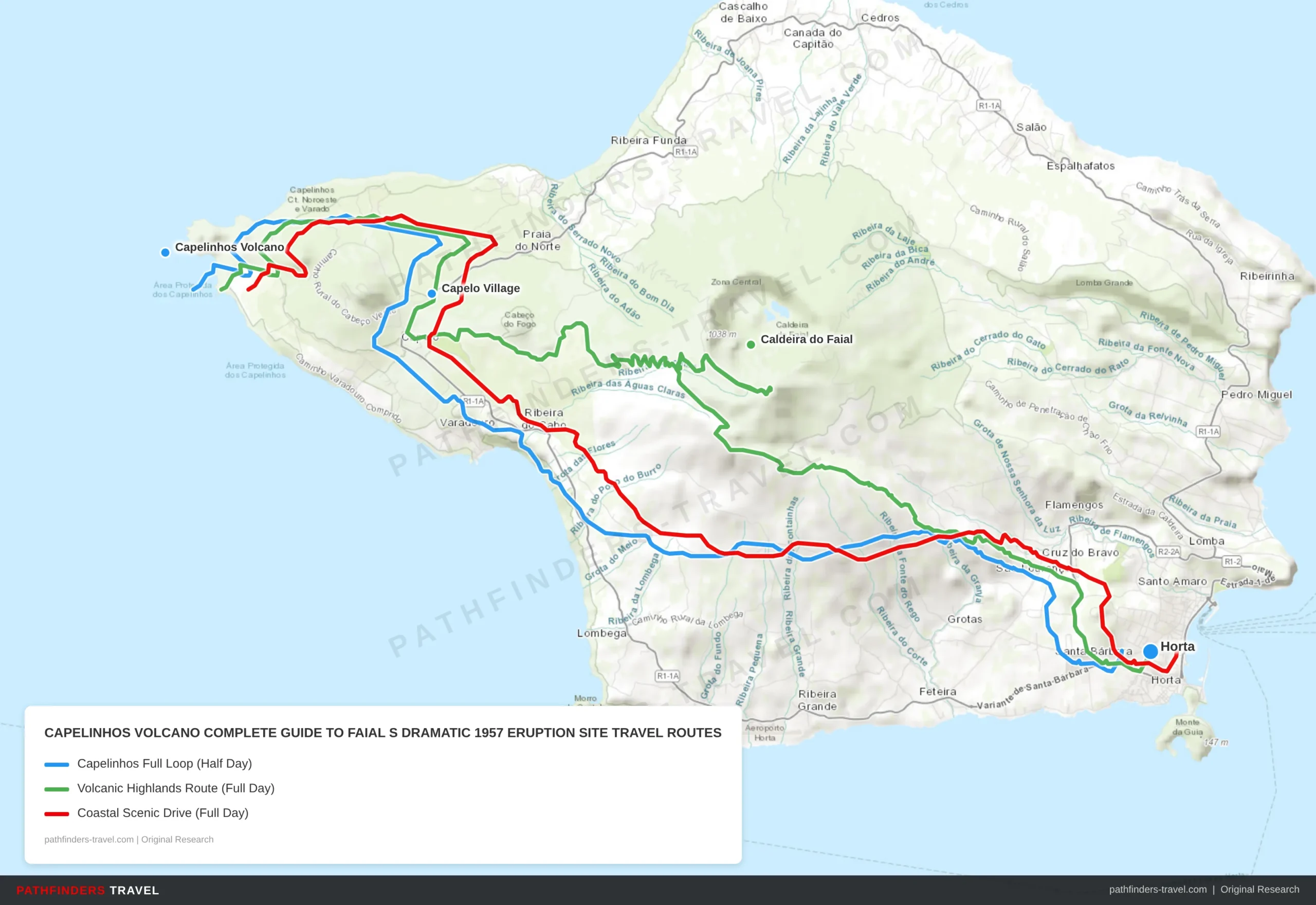 Map showing travel routes for Capelinhos Volcano: Complete Guide to Faial's Dramatic 1957 Eruption Site with road trip itineraries