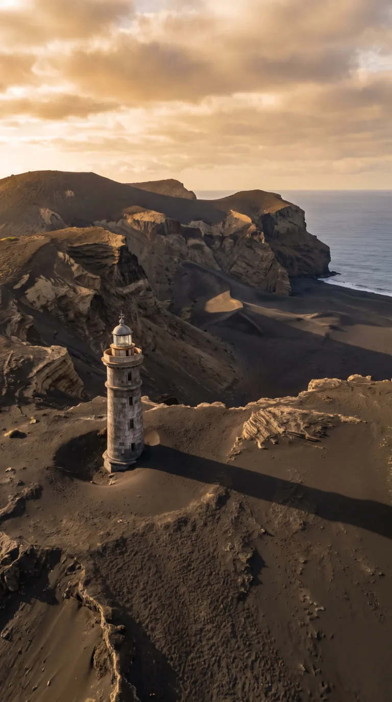 Capelinhos Volcano landscape with lighthouse and volcanic ash terrain on Faial Island Azores
