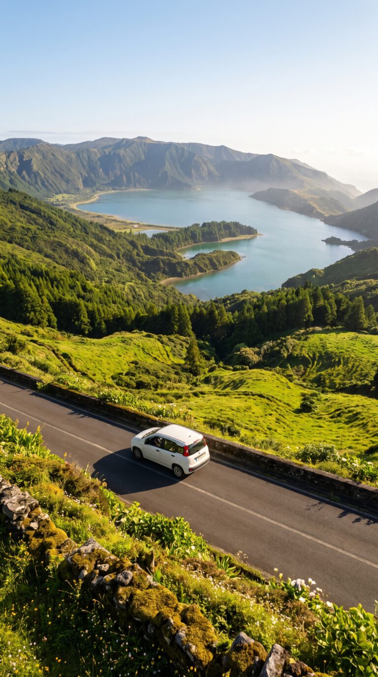 Car on scenic road approaching Sete Cidades volcanic caldera, São Miguel