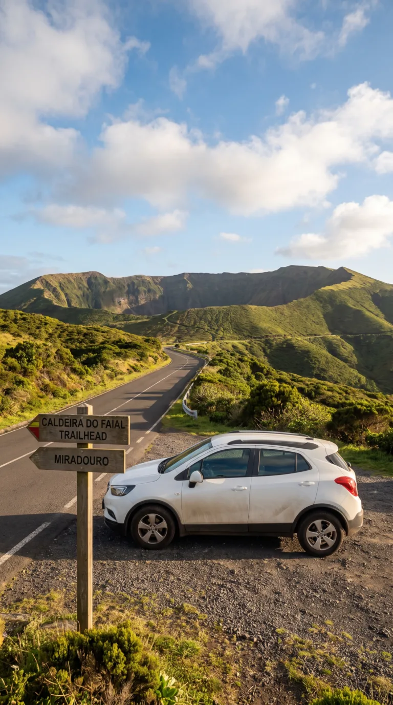 Car parked at Caldeira do Faial trailhead with crater rim and access road on Faial Island