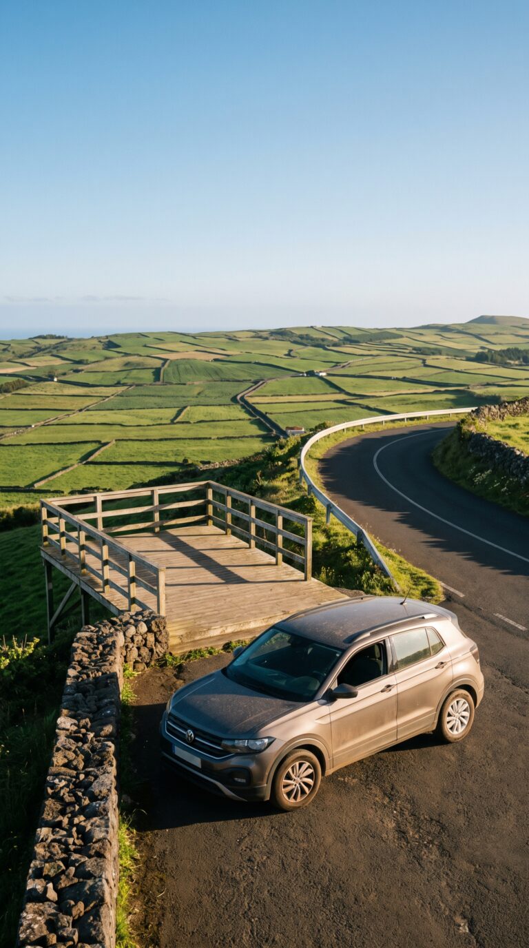 Car parked at Serra do Cume viewpoint parking area, Terceira Island