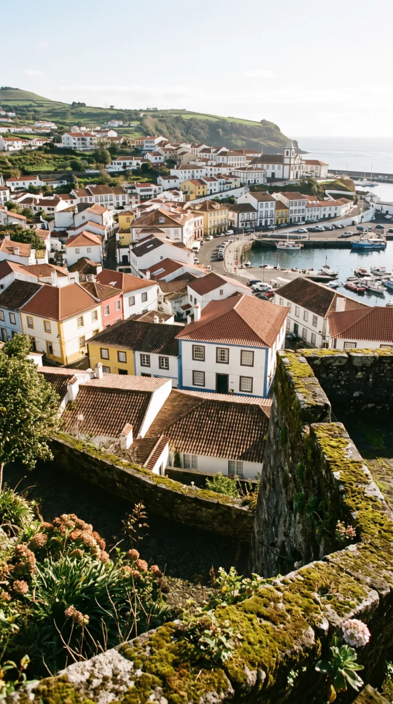 Colorful historic center of Angra do Heroísmo on Terceira Island viewed from hillside