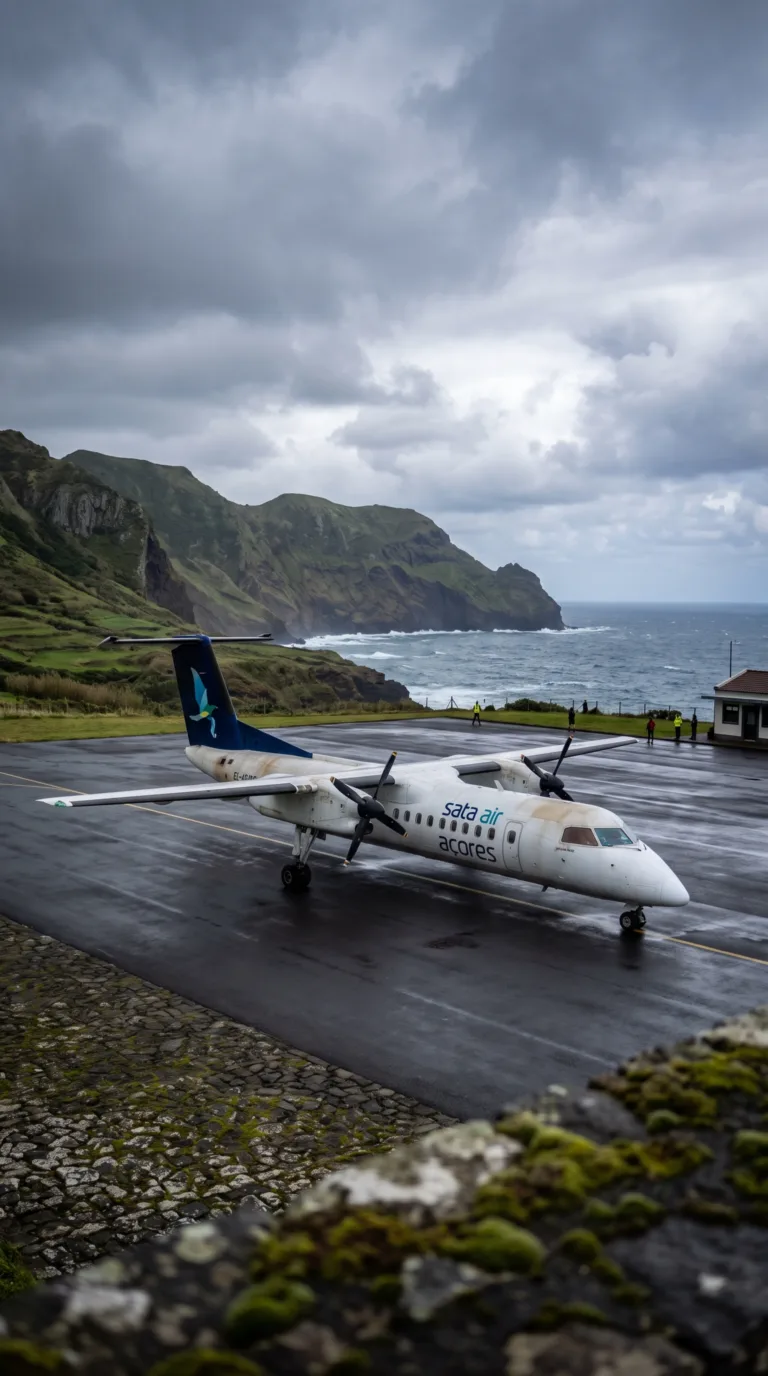 Corvo Airport CCU with small aircraft, smallest airport in the Azores archipelago