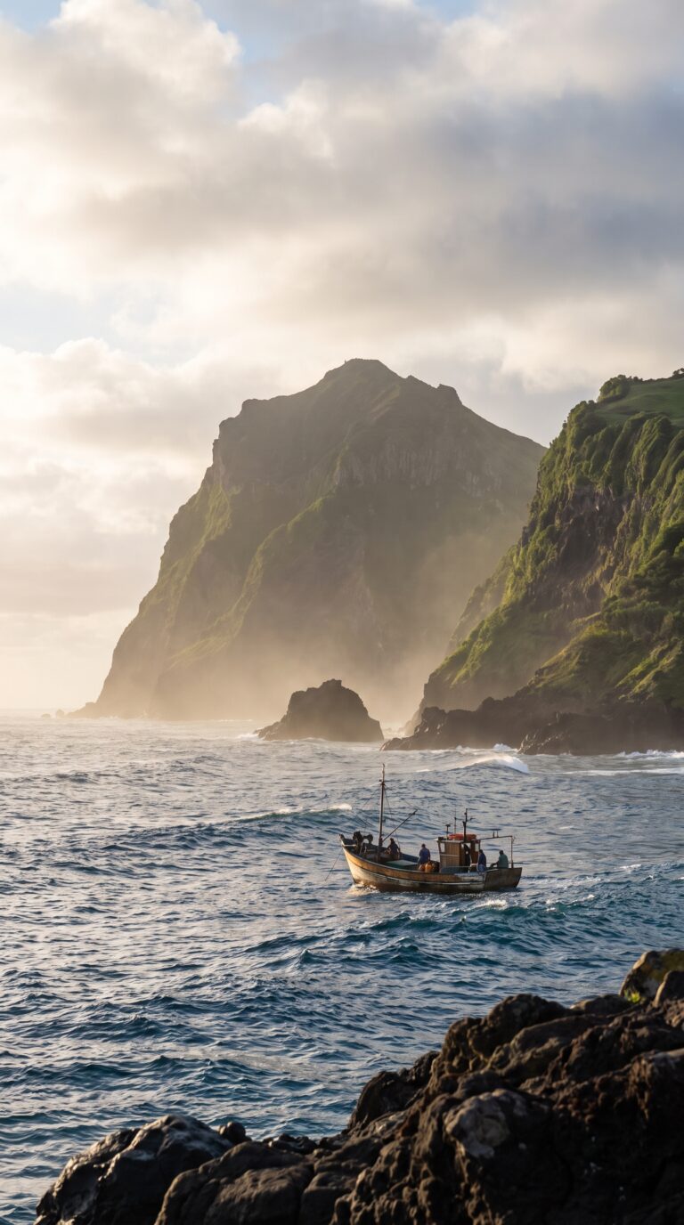 Corvo Island viewed from Flores Island across the Atlantic Ocean, Azores, Portugal