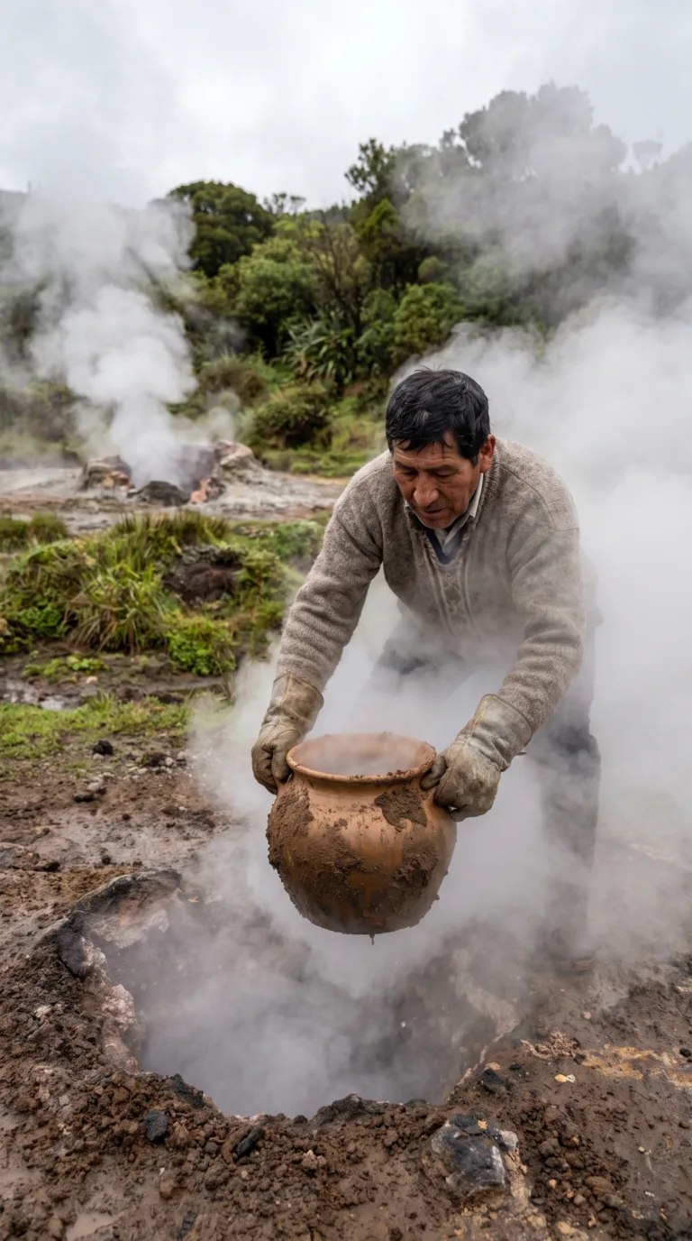 Cozido das furnas being uncovered from underground geothermal cooking pit in Furnas