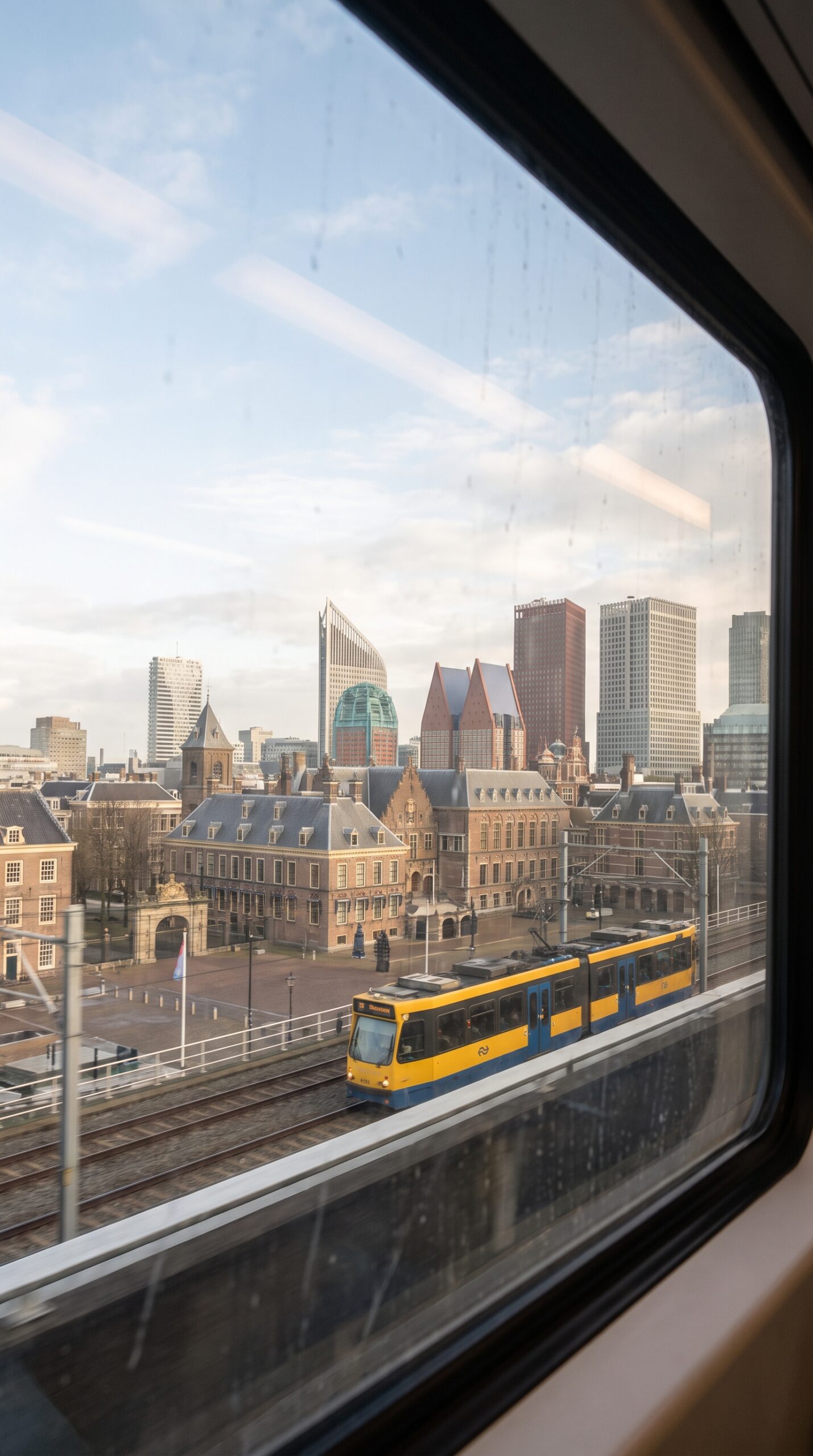 The Hague Netherlands skyline with a tram, an easy day trip from Delft
