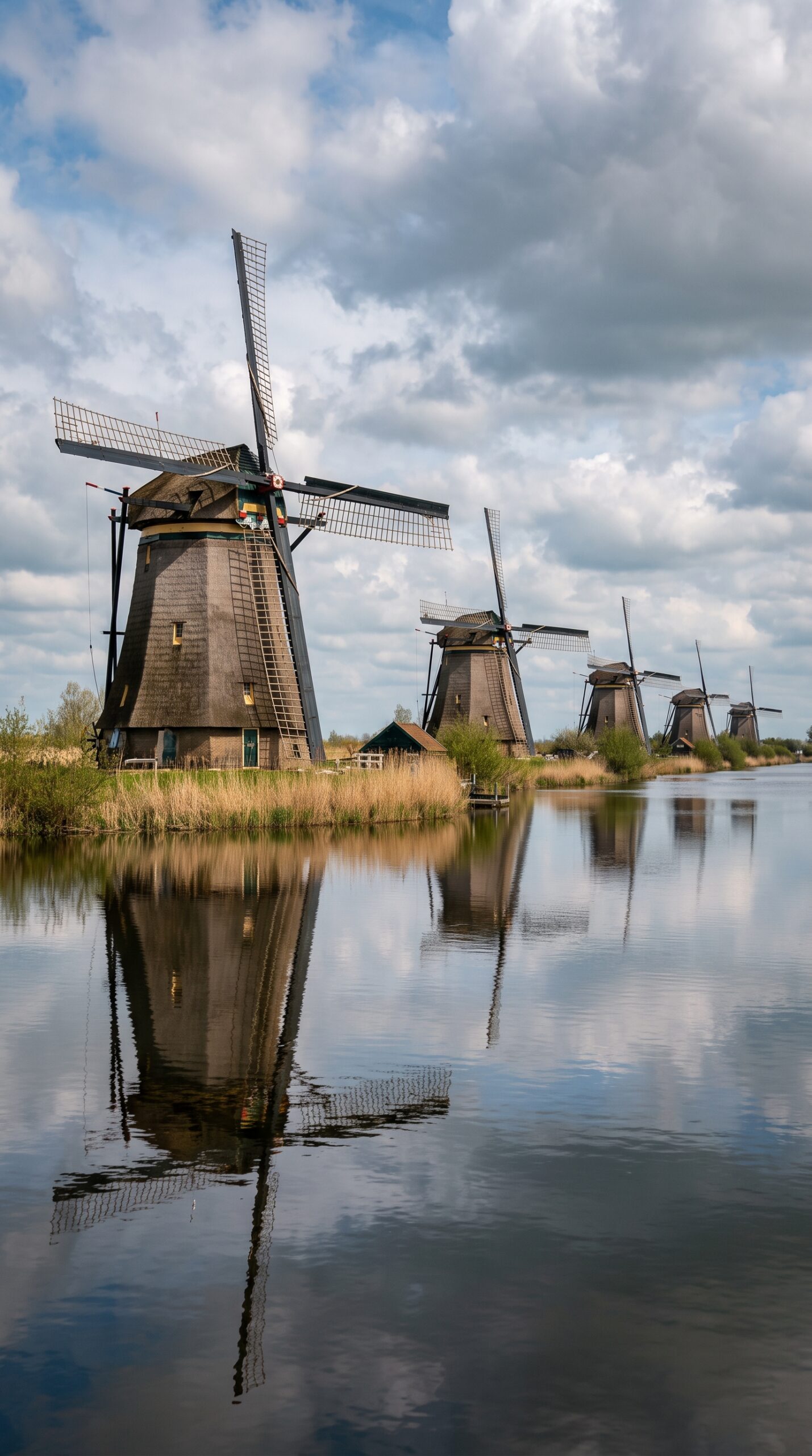 Windmills at Kinderdijk Netherlands reflected in a canal, a day trip from Gouda