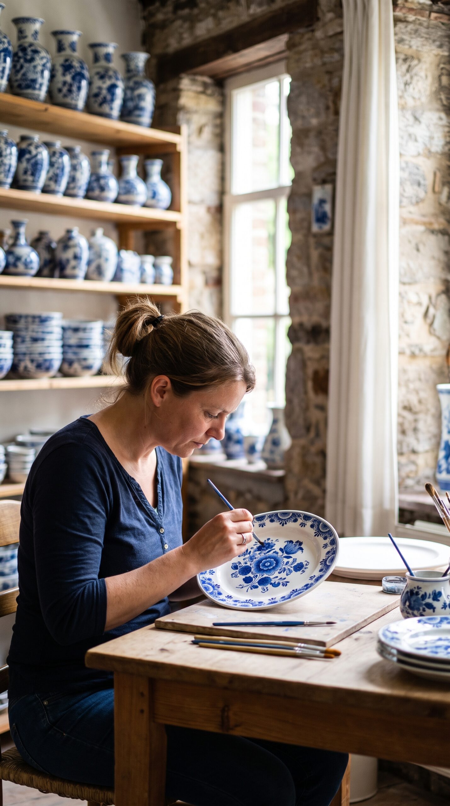 Artisan hand-painting blue-and-white Delft Blue pottery in a Delft Netherlands workshop