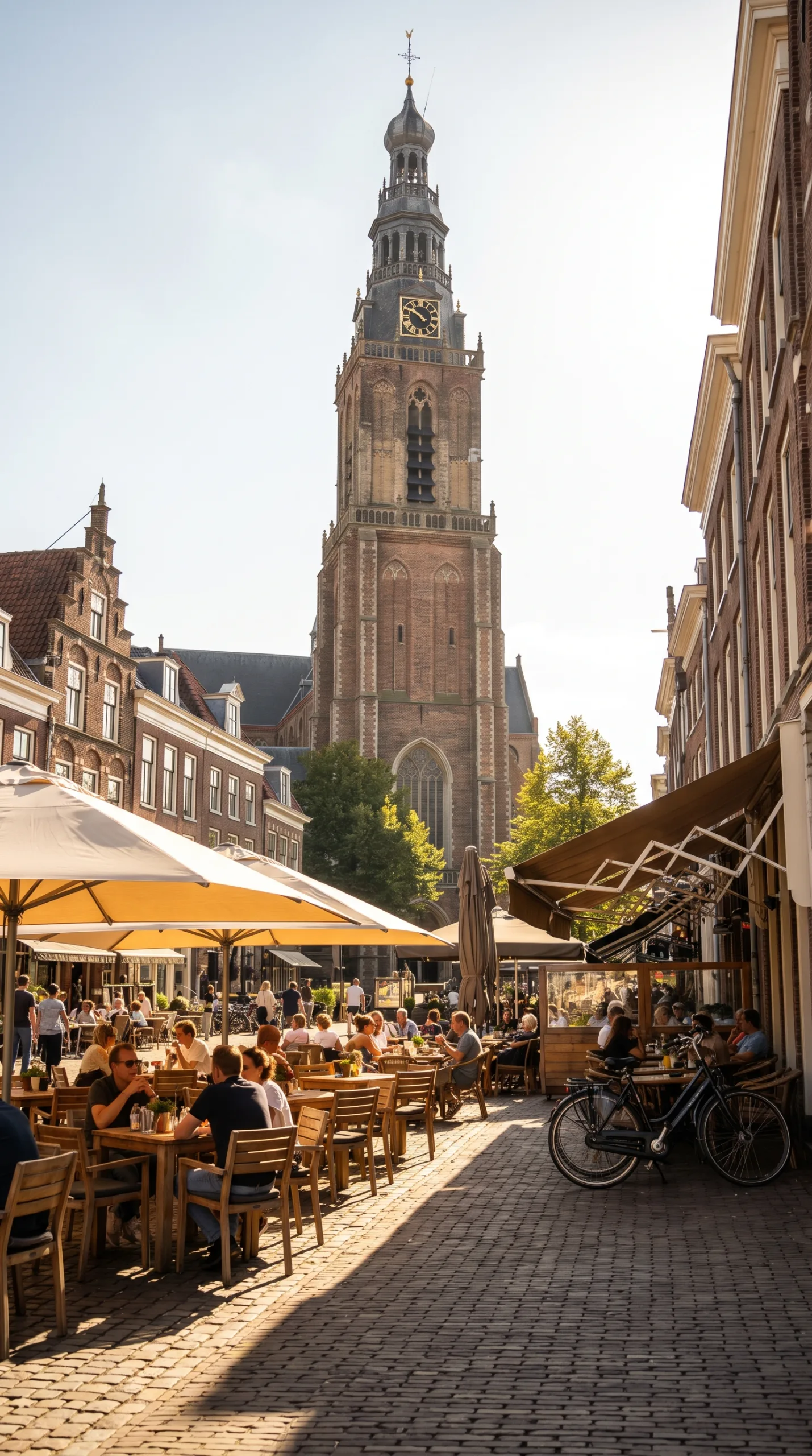 Old market square of Delft with the New Church tower near Leiden