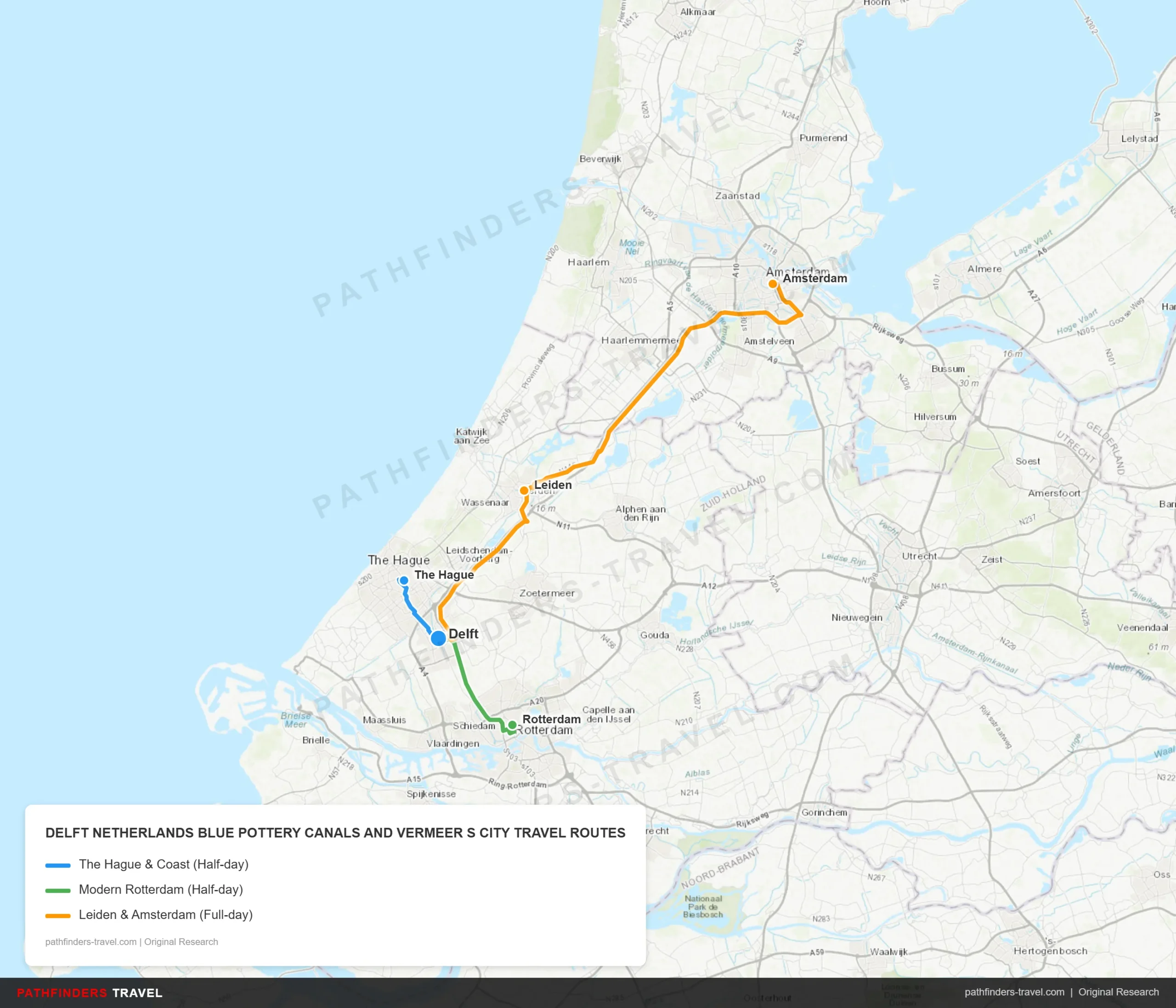 Map showing travel routes for Delft, Netherlands: Blue Pottery, Canals, and Vermeer's City with road trip itineraries