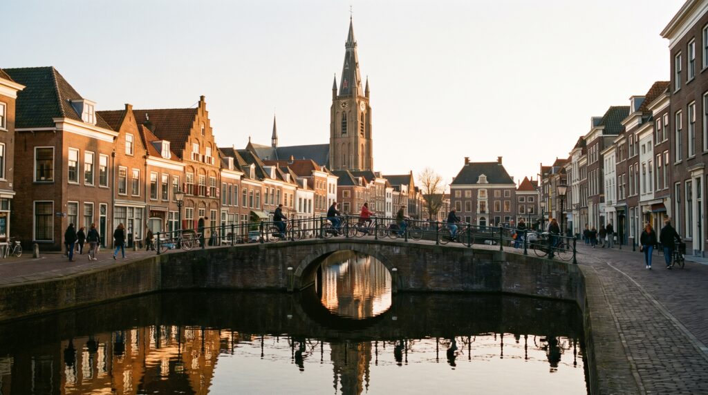 Delft Netherlands Markt square with the New Church tower and a canal at golden hour