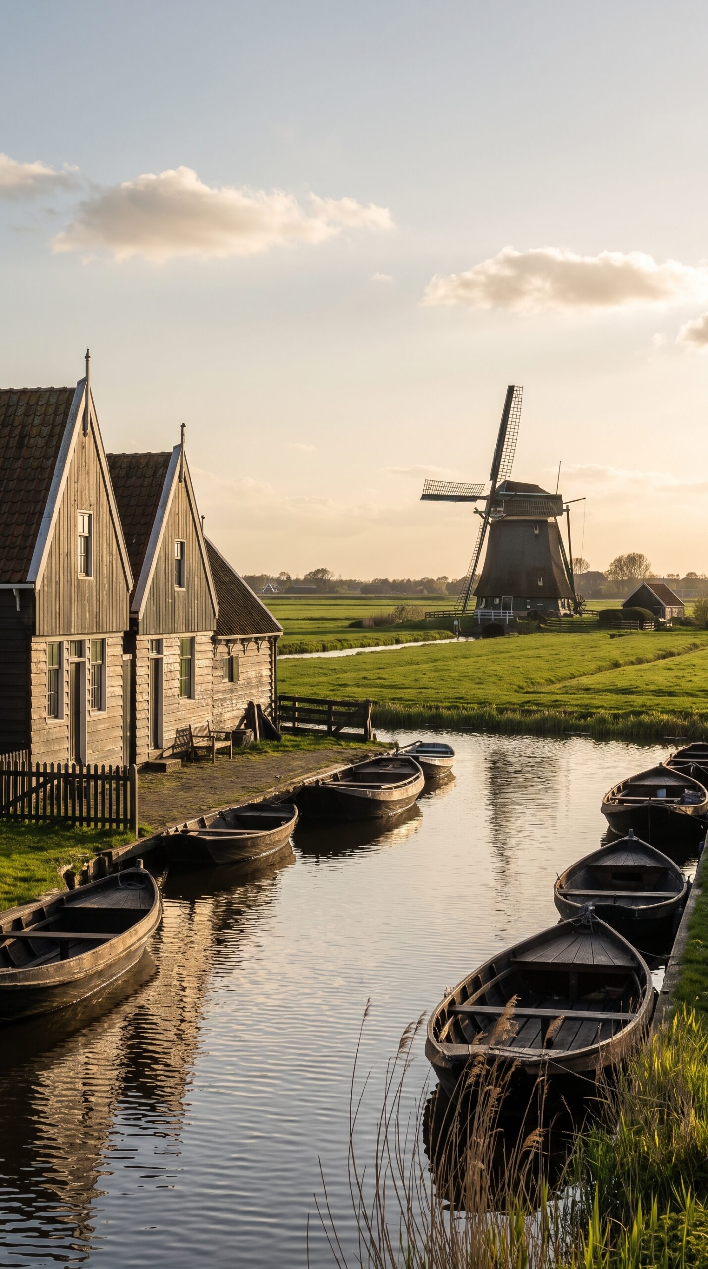 Wooden Dutch waterfront houses and small boats with a windmill in the distance