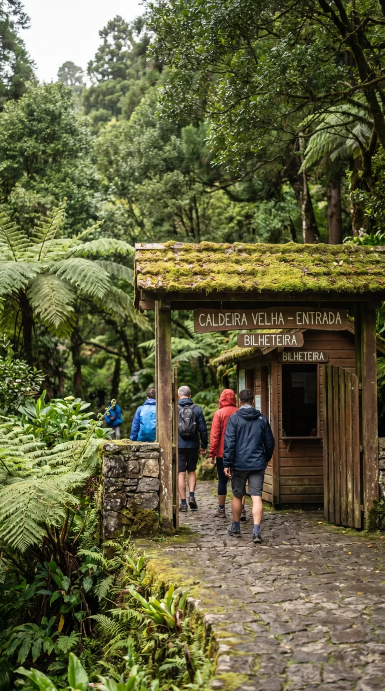 Entrance and ticket booth at Caldeira Velha hot springs natural monument in São Miguel Azores
