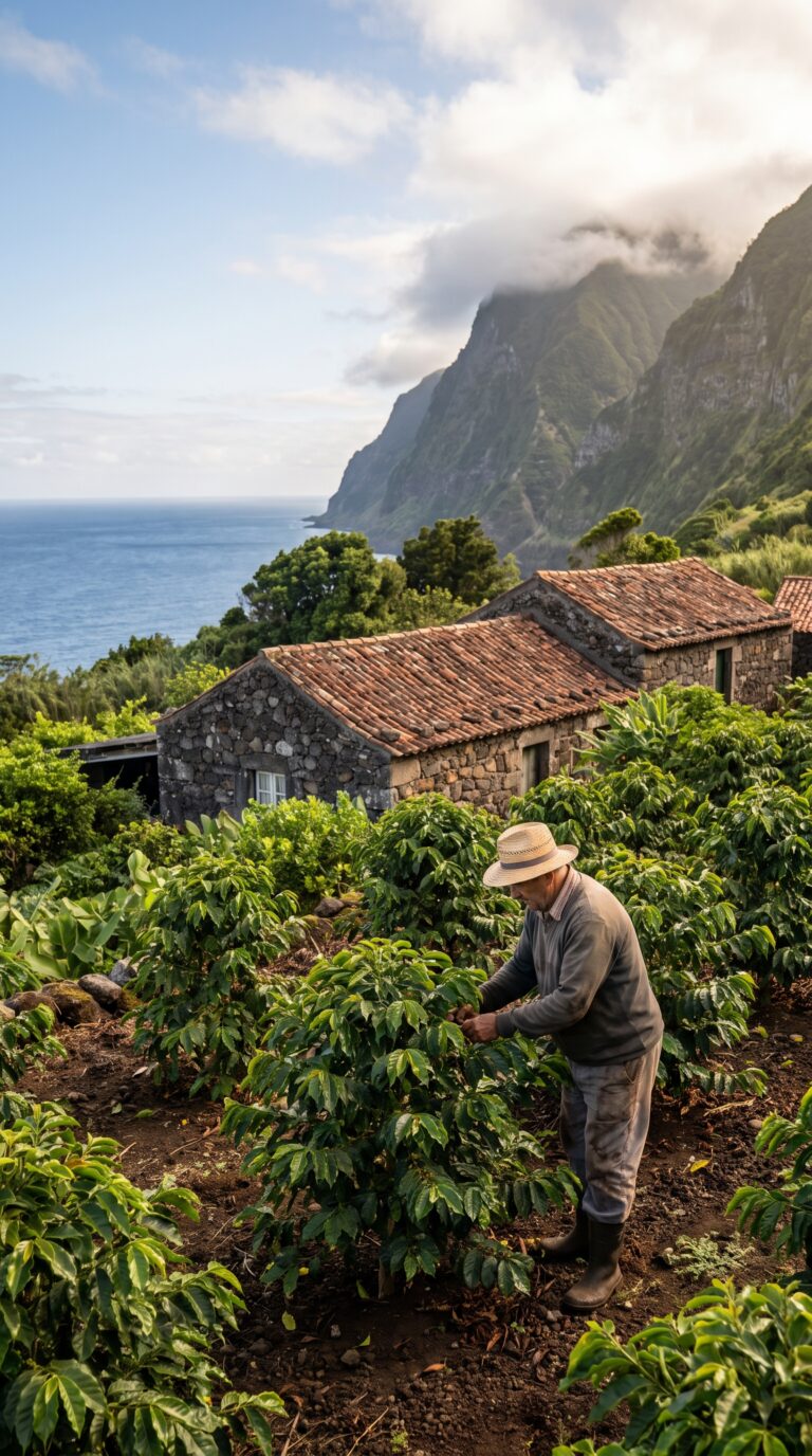 Fajã dos Vimes coffee plantation with traditional buildings and towering cliffs behind