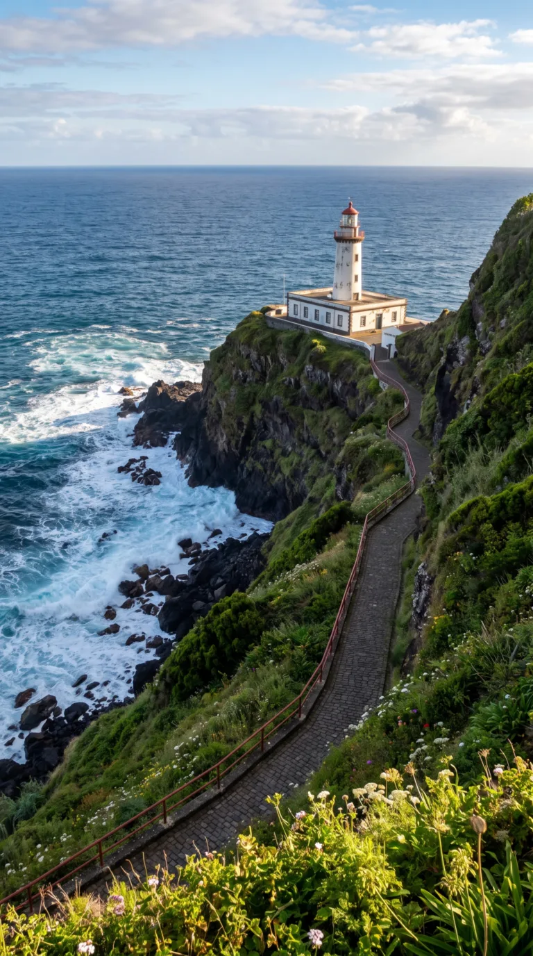 Farol do Arnel lighthouse perched on dramatic cliff in Nordeste, Azores