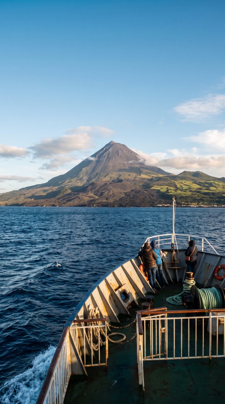 Ferry approaching Pico Island with Mount Pico volcano in background