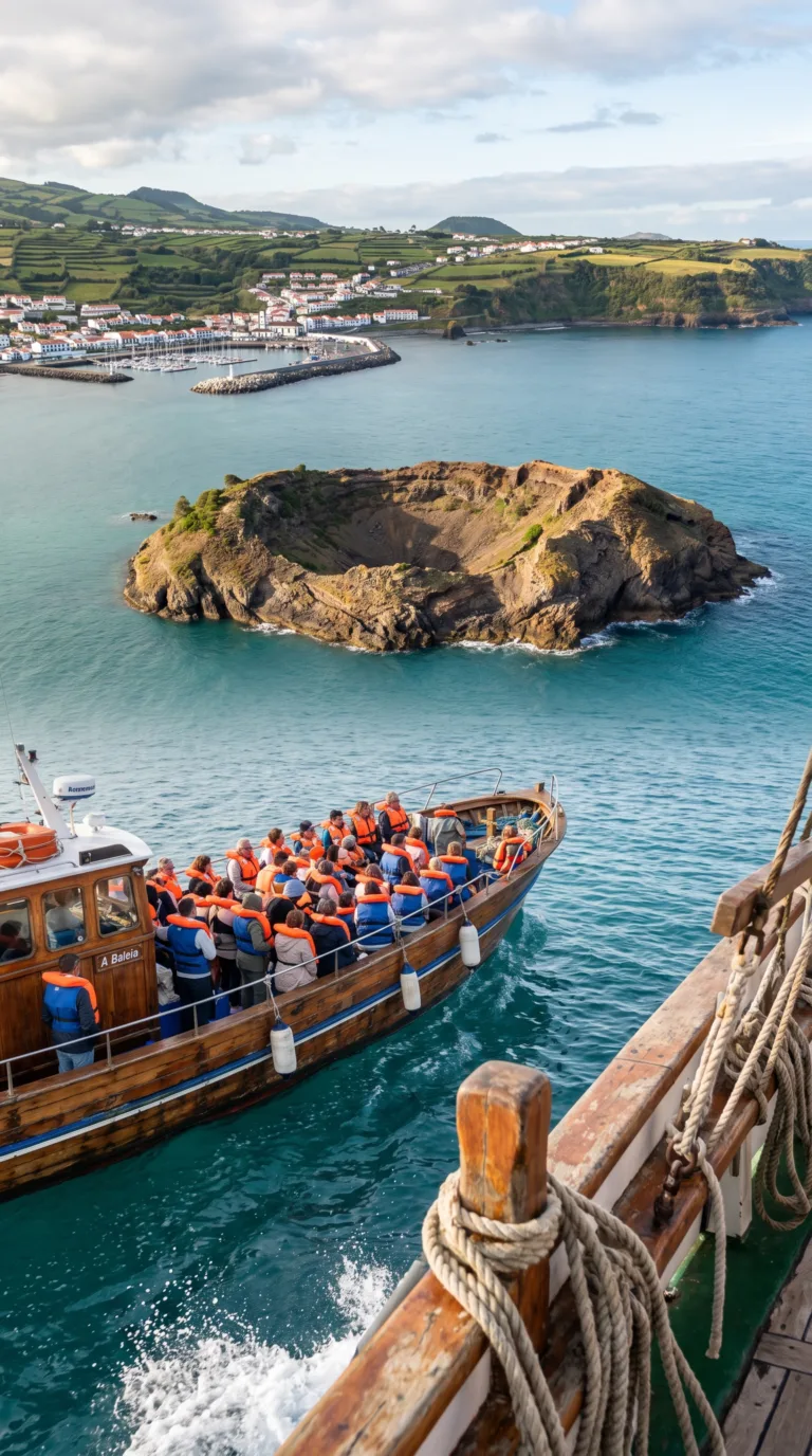 Ferry boat transporting visitors to Vila Franca Islet from the marina in the Azores