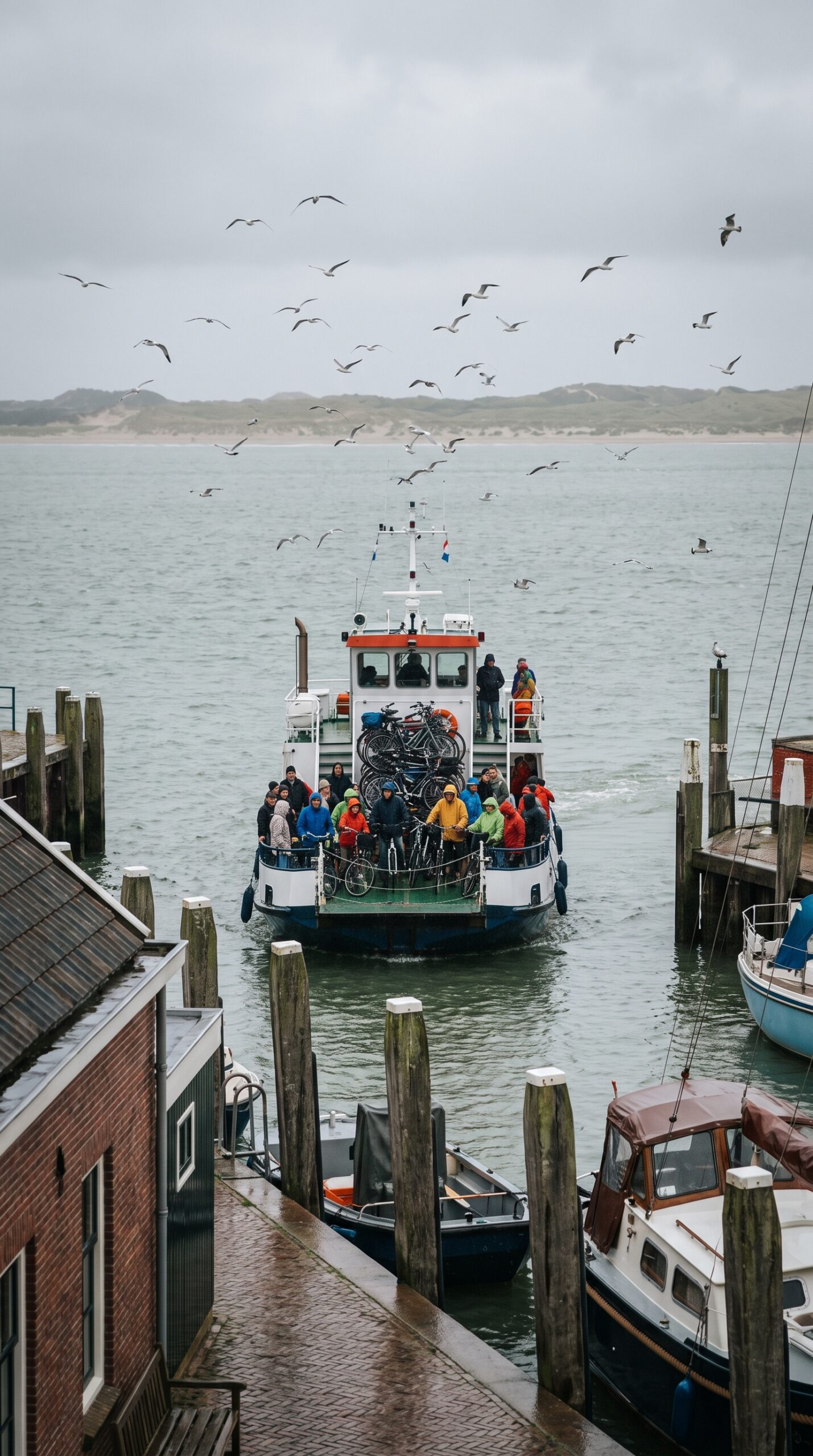 A Dutch Wadden ferry leaving a small harbour with cyclists and foot passengers on deck